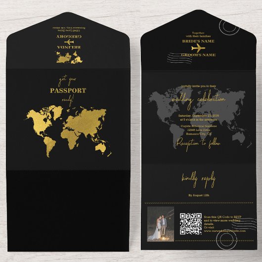 Destination Wedding World Passport Black Gold All In One Uitnodiging
