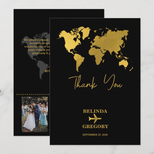 Destination Wedding World Passport Black Gold Bedankkaart (Voorkant / Achterkant)