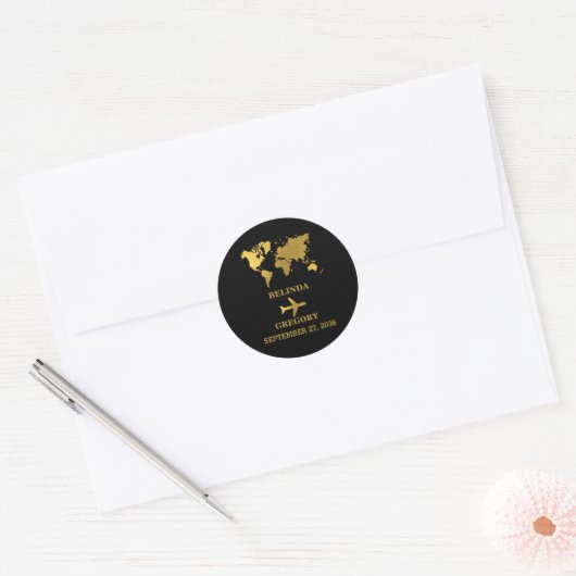 Destination Wedding World Passport Black Gold Ronde Sticker (Envelop)