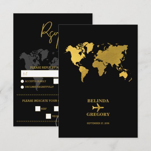 Destination Wedding World Passport Black Gold RSVP Kaartje (Voorkant / Achterkant)