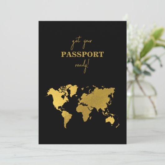 Destination Wedding World Passport Black Gold Save The Date (Staand voorkant)