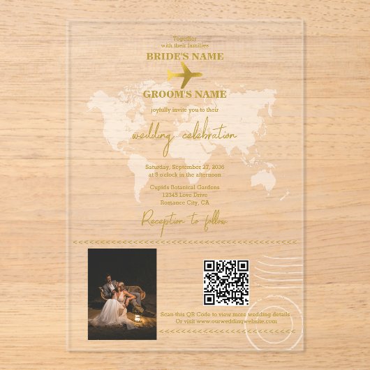 Destination Wedding World Passport Gold Clear Acryl Uitnodigingen (Voorkant)