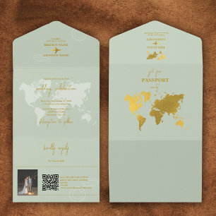 Destination Wedding World Passport Sage Green Gold All In One Uitnodiging