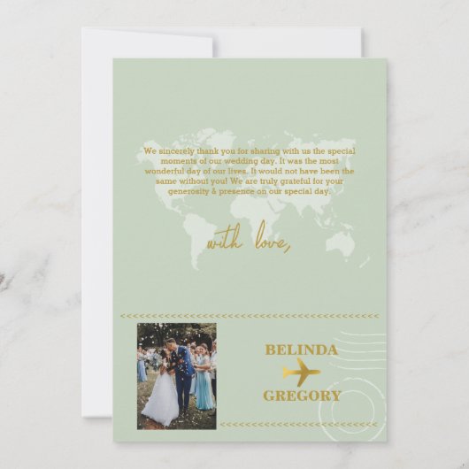 Destination Wedding World Passport Sage Green Gold Bedankkaart (Achterkant)