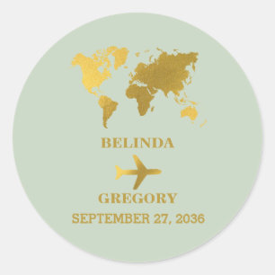 Destination Wedding World Passport Sage Green Gold Ronde Sticker