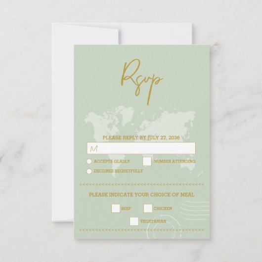 Destination Wedding World Passport Sage Green Gold RSVP Kaartje (Achterkant)