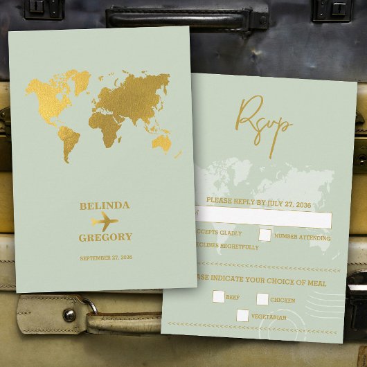Destination Wedding World Passport Sage Green Gold RSVP Kaartje