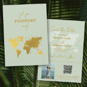 Destination Wedding World Passport Sage Green Gold Save The Date