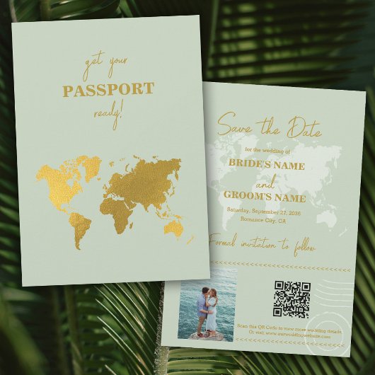 Destination Wedding World Passport Sage Green Gold Save The Date