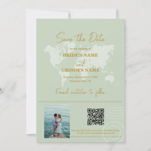 Destination Wedding World Passport Sage Green Gold Save The Date (Achterkant)