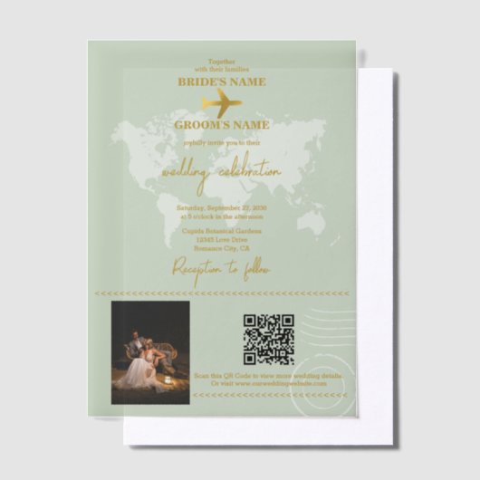 Destination Wedding World Passport Sage Green Gold Vellum Uitnodigingen (Offset)
