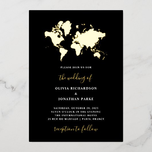 Destination Wedding | Zwarte Elegant Wereldkaart G Folie Uitnodiging (Voorkant)