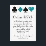 Destiny Las Vegas Bruiloft Online RSVP Blauwgroen  Informatiekaartje<br><div class="desc">Deze kleine bijzetkaart die een online rsvp aanvraagt, heeft een elegante typografie en een accentafbeelding van kaartpakken in wit en blauw groen blauwgroen faux glitter. Perfect voor een casino themafeest of een Las Vegas bruiloft in een kleine kapel van de strip, alles wat je nodig hebt is liefde en een...</div>