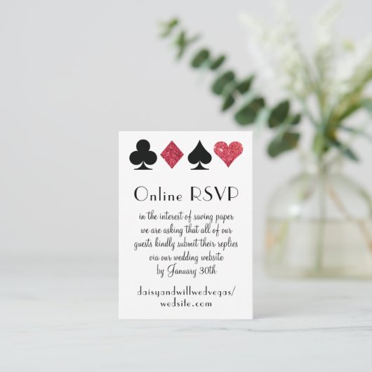 Destiny Las Vegas Wedding Online RSVP Red Glitter Informatiekaartje (Staand voorkant)