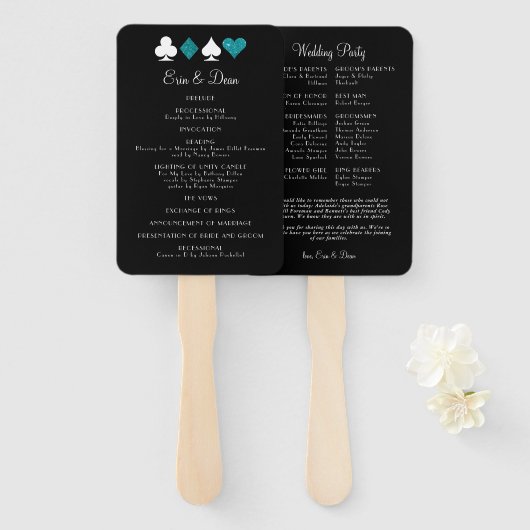 DeStiny Vegas Blauwgroen Glitter Wedding Program F Handwaaier (Voorkant en achterkant)