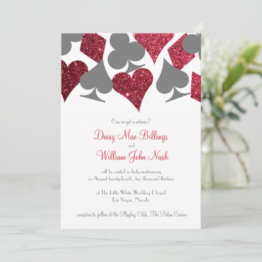 Destiny Vegas Rood en Grijs Faux Glitter Bruiloft Kaart (Staand voorkant)