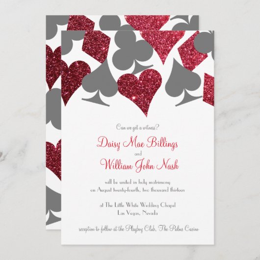 Destiny Vegas Rood en Grijs Faux Glitter Bruiloft Kaart (Voorkant / Achterkant)