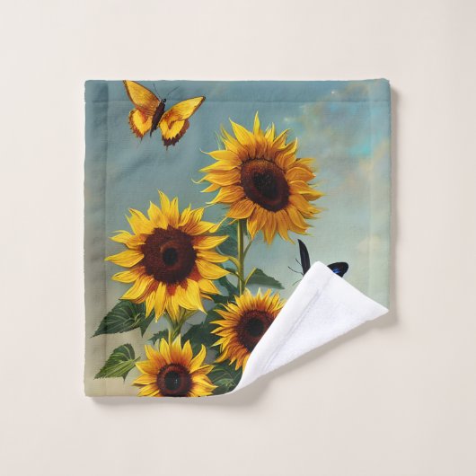 Detail Realistic Sunflower en Butterflies Bad Handdoek (Wasdoekje)