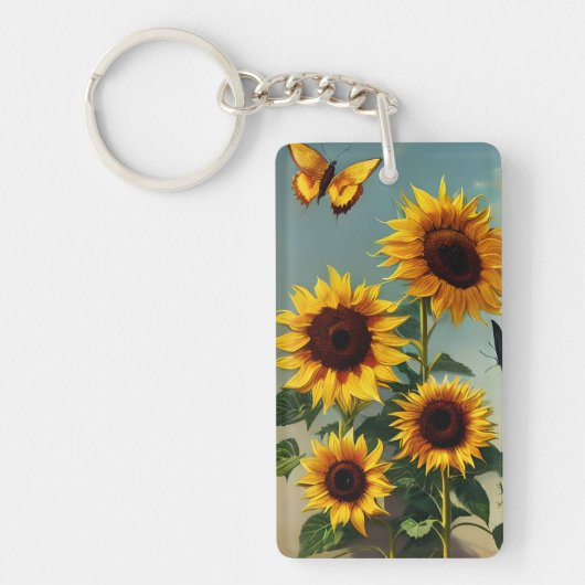 Detail Realistic Sunflower en Butterflies Sleutelhanger (Voorkant)