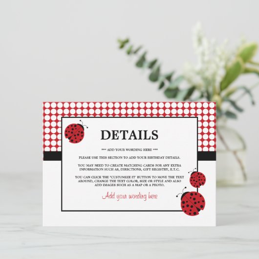 Detail Rode Ladybug Kinderfeest Kaart (Staand voorkant)