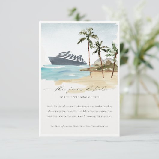 Detail tropisch zeeslakstrand cruise Palm Wedding Informatiekaartje (Staand voorkant)