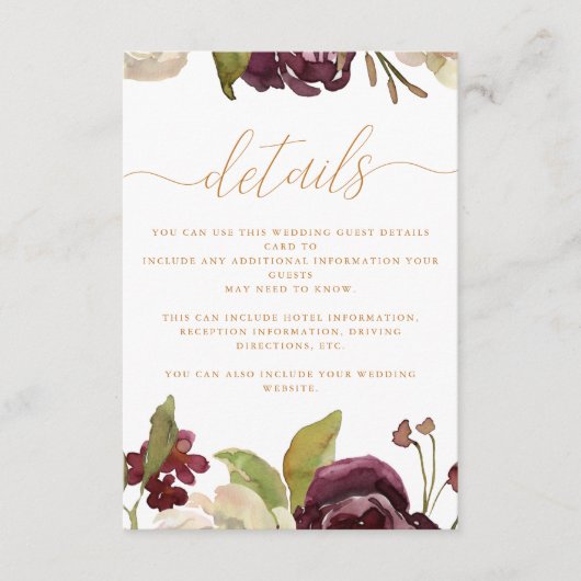 Detail van de bruiloft voor Floral en Calligrafie Informatiekaartje (Voorkant)