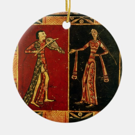 Detail van een trouwborst waarop een muzikant word keramisch ornament (Voorkant)