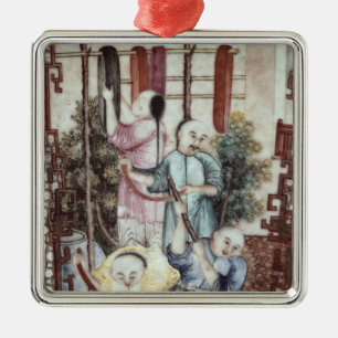 Detail van een vaas die mannen verven metalen ornament