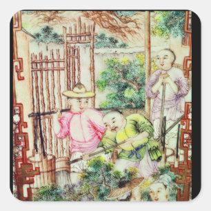 Detail van een vaas met mannen die thee-planten be vierkante sticker