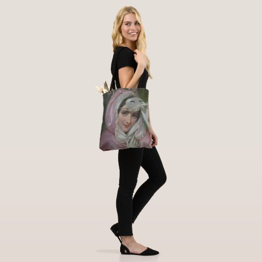 Detail van het masker tote bag (Op model)