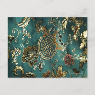 Detail van jade groene Chinese zijde stof Briefkaart