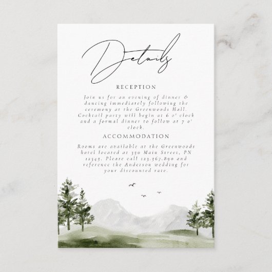 Detail van waterverf Mountain Forest Wedding Scrip Informatiekaartje (Voorkant)