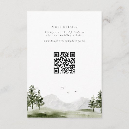 Detail van waterverf Mountain Forest Wedding Scrip Informatiekaartje (Achterkant)