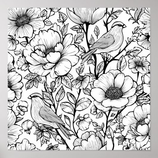 Detailed Folk Flora Scroll Decoupage Template Line Poster (Voorkant)