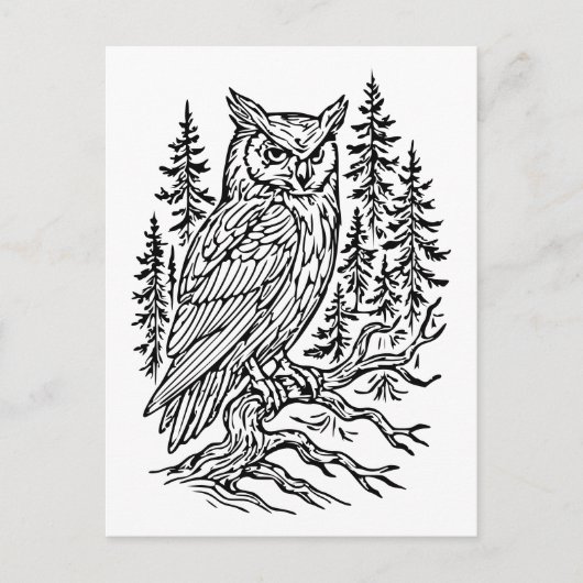 Detailed Horned Owl in Pine Forest Line Art Briefkaart (Voorkant)