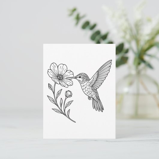 Detailed Hummingbird Line Art with Wildflower Briefkaart (Staand voorkant)