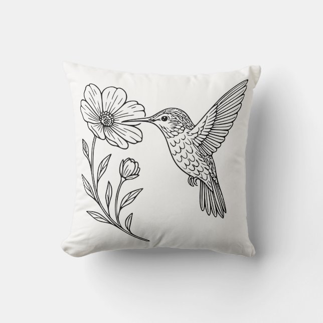 Detailed Hummingbird Line Art with Wildflower Kussen (Voorkant)