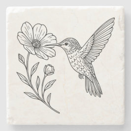 Detailed Hummingbird Line Art with Wildflower Stenen Onderzetter