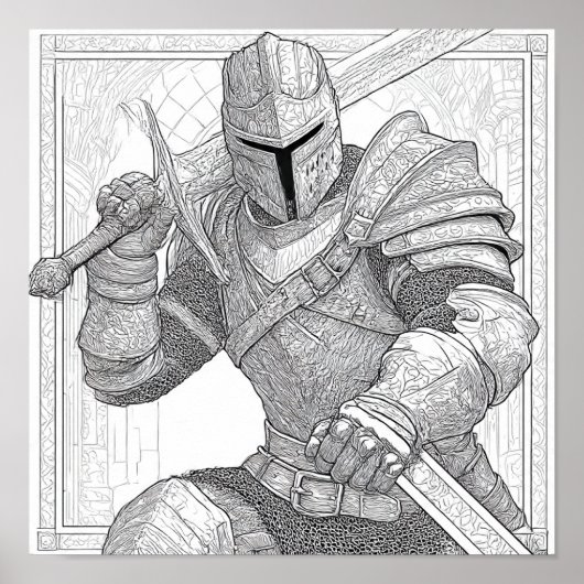 Detailed Knight in Full Armor - Coloring Page Poster (Voorkant)