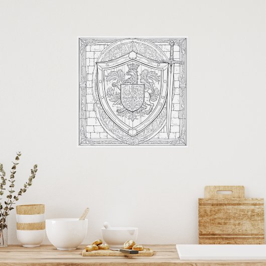 Detailed Knight's Heraldic Shield Coloring Page Poster (Keuken)