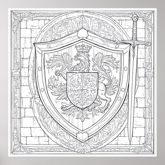 Detailed Knight's Heraldic Shield Coloring Page Poster (Voorkant)