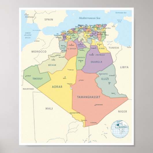 Detailed Map of Algeria Regions Poster (Voorkant)