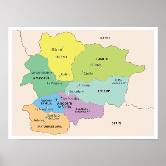 Detailed Map of Andorra Regions Poster (Voorkant)