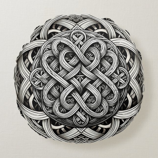 Detaillierte Schwarz-Weißer keltischer Knoten 0001 Rond Kussen (Voorkant)