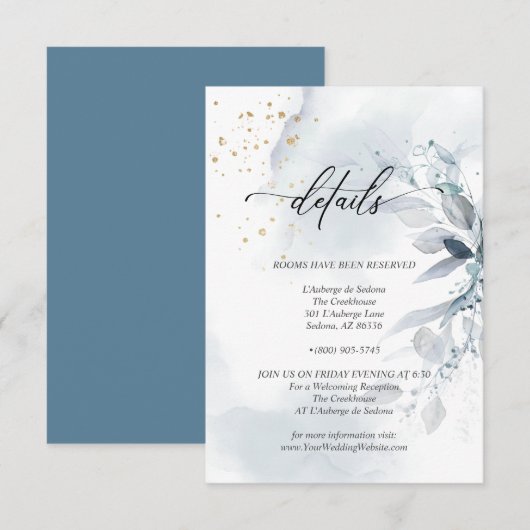 Details 2 Elegant Stofblauw Waterverf Blad Kaart (Voorkant / Achterkant)