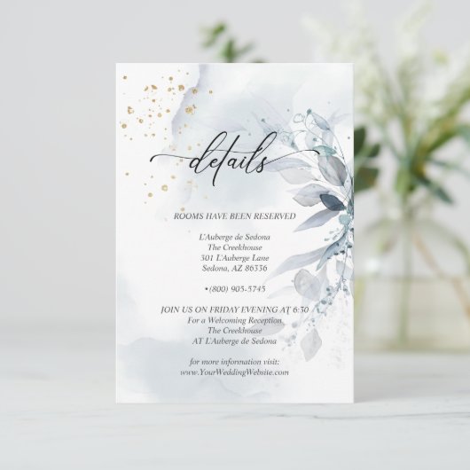 Details 2 Elegante Stofblauwe Aquarel Lofblad Kaart (Staand voorkant)