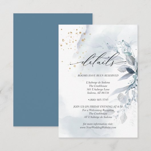 Details 3 Elegant Dusty Blue Waterverf Foliage Kaart (Voorkant / Achterkant)