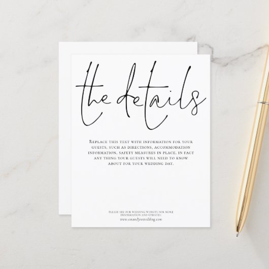 Details begrotingsbruiloft elegante scriptbehuizin (Voorkant / Achterkant in situ)