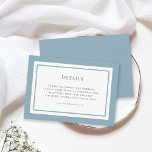 Details bewerkbare rand kleurhuwelijk informatiekaartje<br><div class="desc">Deze moderne klassieke trouwdetailkaart heeft een bewerkbare achtergrondkleur. Als u deze van stoffige blauw naar de kleur van uw keuze wilt wijzigen, klikt u op de knop Aanpassen en wijzigt u zowel de achtergrondkleur voor- als achterkleur. Bekijk hier andere overeenkomende trouwobjecten https://www.zazzle.com/collections/editable_color_classic_round_monogram_wedding_1-119000260232212352?rf=238364477188679314&tc=rc. Pas het aan door de placeholder tekst te...</div>