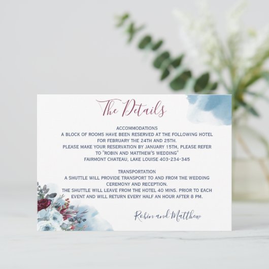 Details, Blauw, Bourgogne en Paarse Bloemen Informatiekaartje (Staand voorkant)